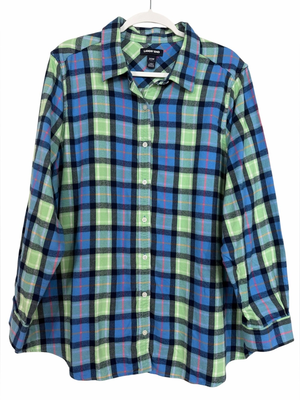 Lands’ End Women’s Flannel Button Front Shirt Blue Green Plaid Size 20W